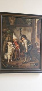 Oud olieverfschilderij: Jongens met hond en kat, Ophalen of Verzenden