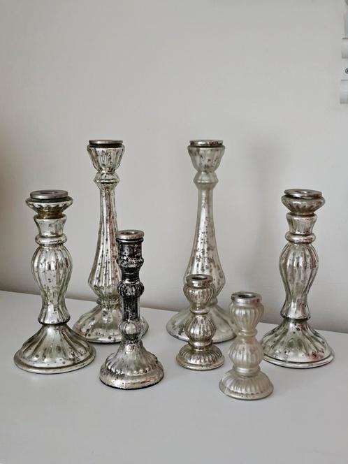 Set/6 kandelaars in armeluis zilverlook., Huis en Inrichting, Woonaccessoires | Kandelaars en Kaarsen, Ophalen