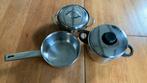 2 kookpannen met deksel en 1 steelpan, 18 cm, Rvs, Gebruikt, Ophalen of Verzenden, Kookpan of Snelkookpan