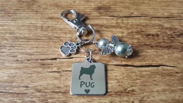 Ketting / Sleutelhanger Pug Mopshond RVS met beschermengel beschikbaar voor biedingen