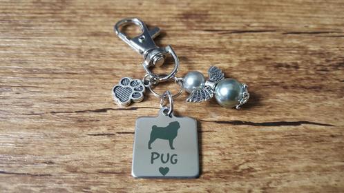 Ketting / Sleutelhanger Pug Mopshond RVS met beschermengel, Sieraden, Tassen en Uiterlijk, Kettinghangers, Nieuw, Zilver, Dier