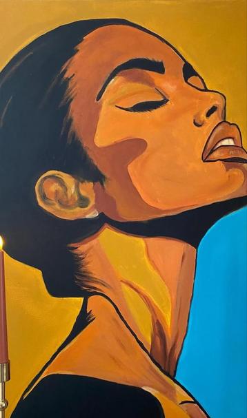 Vrouwelijk Portret in Oranje en Blauw beschikbaar voor biedingen