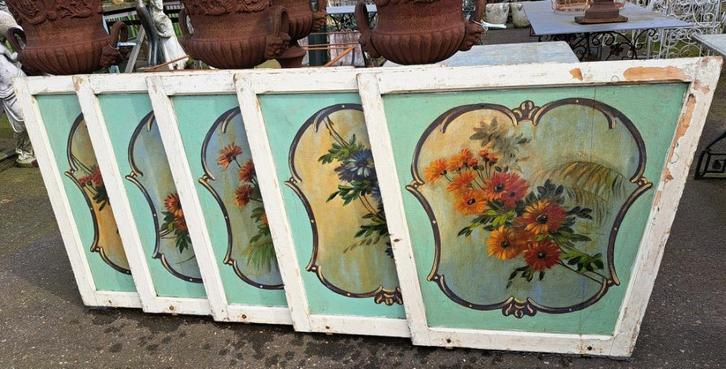 4 echte antieke handbeschilderde kermis / draaimolen panelen, Antiek en Kunst, Curiosa en Brocante, Ophalen