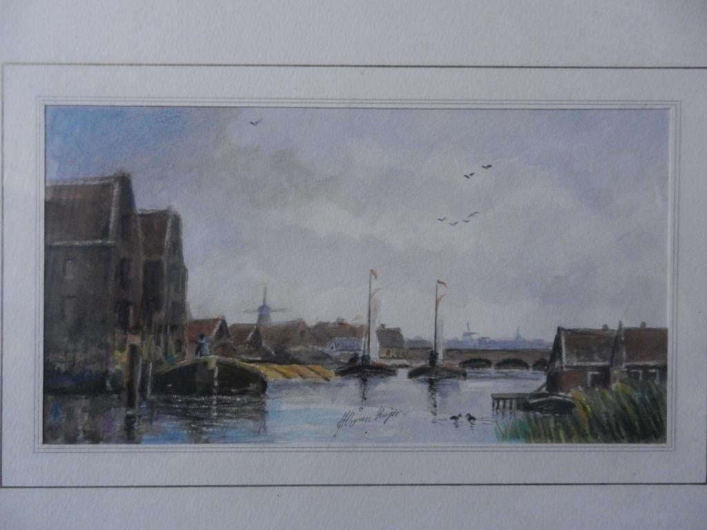 Aquarel Havengezicht Schiedam Herman v Reijn hxb: 15,5x28,7, Ophalen of Verzenden