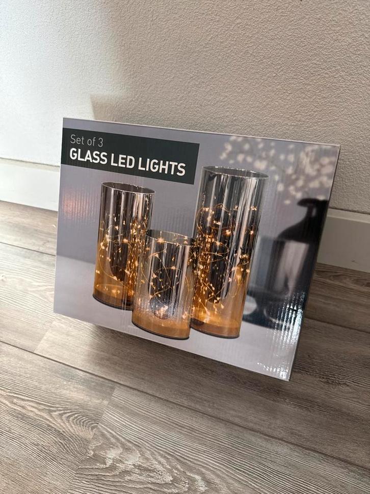 Windlichten Set van 3 met LED, Huis en Inrichting, Lampen | Tafellampen, Nieuw, Glas, Ophalen