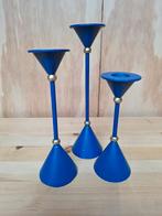 Vintage set kandelaars memphis diabolo metaal blauw, Minder dan 25 cm, Blauw, Ophalen of Verzenden, Kandelaar