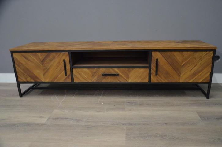 Teak tv meubel met visgraat en staal 190 cm, Huis en Inrichting, Kasten | Televisiemeubels, Zo goed als nieuw, Minder dan 100 cm