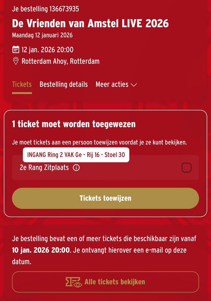 Ticket Vrienden van Amstel Live 12 januari 2026, Tickets en Kaartjes, Evenementen en Festivals, Eén persoon