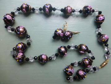 Set Collier + Oorhangers Weddingcake-kralen Zwart-Goud-Roze  beschikbaar voor biedingen