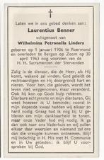 Laurentius Benner 1906 Roermond + 1963 Bergen op Zoom, Verzamelen, Verzenden, Bidprentje