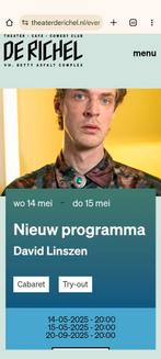 Theater de Richel 3 kaartjes 20 september David Linszen, Tickets en Kaartjes, Theater | Cabaret en Komedie, Drie personen of meer