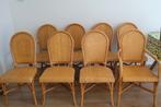 Rotan & leren stoelen uit de '70 – set van 8 (ook los), Huis en Inrichting, Stoelen, Ophalen of Verzenden, Gebruikt, Bruin, Riet of Rotan