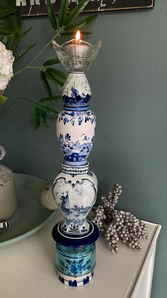 Delfs Blauwe Upcycle Kandelaar, Huis en Inrichting, Woonaccessoires | Kandelaars en Kaarsen, Ophalen of Verzenden