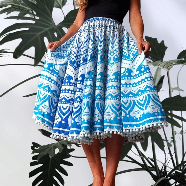 Blauw witte Ibiza  rok hergebruikt materiaal handgemaakt, Kleding | Dames, Rokken, Zo goed als nieuw, Blauw, Knielengte, Ophalen of Verzenden