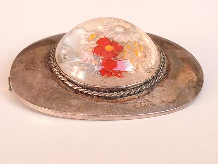 Art deco broche, bloem in glas gemonteerd op zilver, Sieraden, Tassen en Uiterlijk, Broches, Gebruikt, Zilver, Overige kleuren
