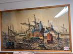 Schilderij Krijt tekening Willem Bos haven gezicht Rotterdam, Antiek en Kunst, Ophalen of Verzenden