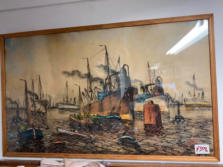Schilderij Krijt tekening Willem Bos haven gezicht Rotterdam, Antiek en Kunst, Kunst | Schilderijen | Klassiek, Ophalen of Verzenden