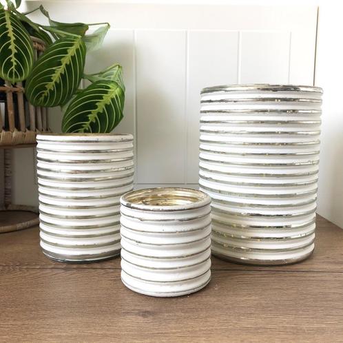 Riviera Maison Windlichten set wit - zilver streep, Huis en Inrichting, Woonaccessoires | Kandelaars en Kaarsen, Zo goed als nieuw