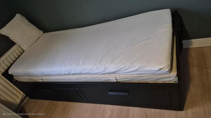 Ikea Brimnes Bed Zwartbruin + 2 Matrassen, Huis en Inrichting, Slaapkamer | Bedden, Gebruikt, Eenpersoons, 90 cm, 200 cm, Hout