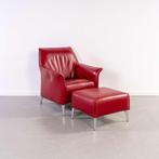 1x Leolux Mayuro Fauteuil + Hocker Rood Leer – Chroom, Huis en Inrichting, Niet ingevuld, Gebruikt, Minder dan 75 cm, Niet ingevuld