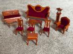 Antieke Poppenhuis Meubelset - Hout & Stof Rood Brui, Ophalen of Verzenden