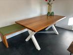 Eettafel, massief eikenblad en witte poten, Ophalen, 50 tot 100 cm, Zo goed als nieuw, Vijf personen of meer