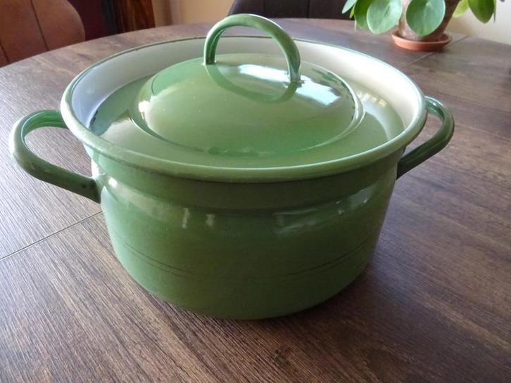 Emaille (soep)pan, groen m.zilveren streep, jaren 50, Antiek en Kunst, Antiek | Emaille, Ophalen of Verzenden