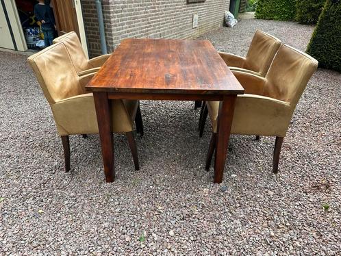eettafel eetkamertafel hout 140x90 + 4 leren armstoelen, Huis en Inrichting, Complete eetkamers, Gebruikt, Ophalen