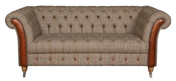HENLEY CHESTERFIELD BANK STOF HARRIS TWEED STOF LEER COGNAC, Huis en Inrichting, Banken | Bankstellen, Nieuw, 75 tot 100 cm, Stof