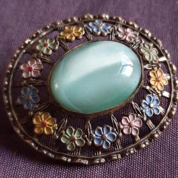  Vintage Broche Groene Tijgeroog Handbeschilderde Bloemen beschikbaar voor biedingen