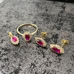 14 karaats gouden set rood stenen oorbellen ring hanger, Ophalen of Verzenden