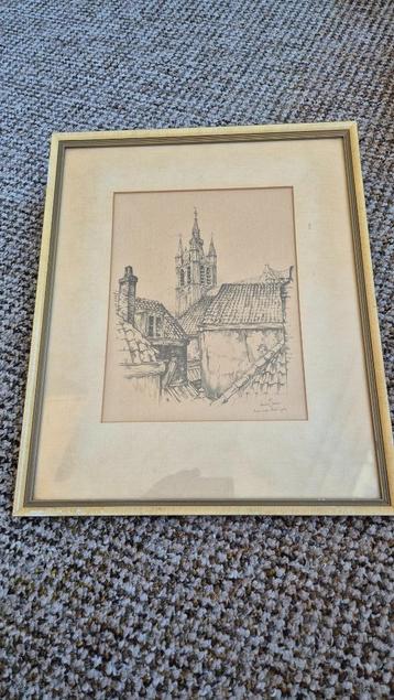 Anton Pieck tekening – stadsgezicht met de Oude Kerk Delft  beschikbaar voor biedingen