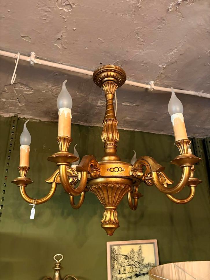 Gouden kroonluchter met 5 armen, Huis en Inrichting, Lampen | Kroonluchters, Gebruikt, Hout, Ophalen