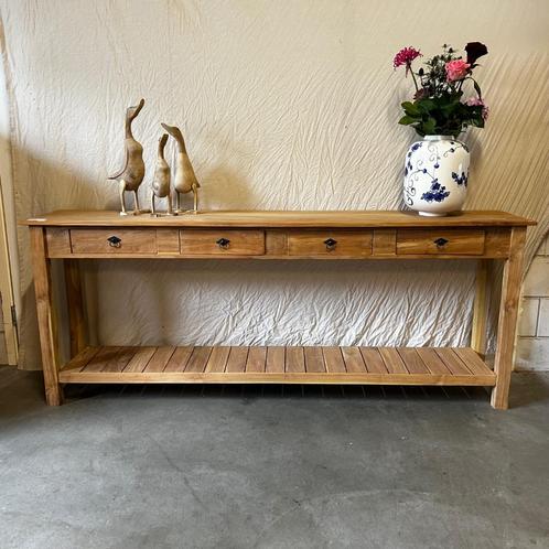 Sidetable - 200 x 40 cm - 4 lades - massief teak - TTM Wonen, Huis en Inrichting, Tafels | Sidetables, Gebruikt, 25 tot 50 cm