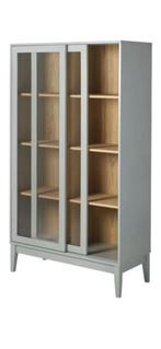 Blauwgrijze vintage vitrinekast met 2 glazen schuifdeuren, Huis en Inrichting, Ophalen, 50 tot 100 cm, Zo goed als nieuw, 150 tot 200 cm