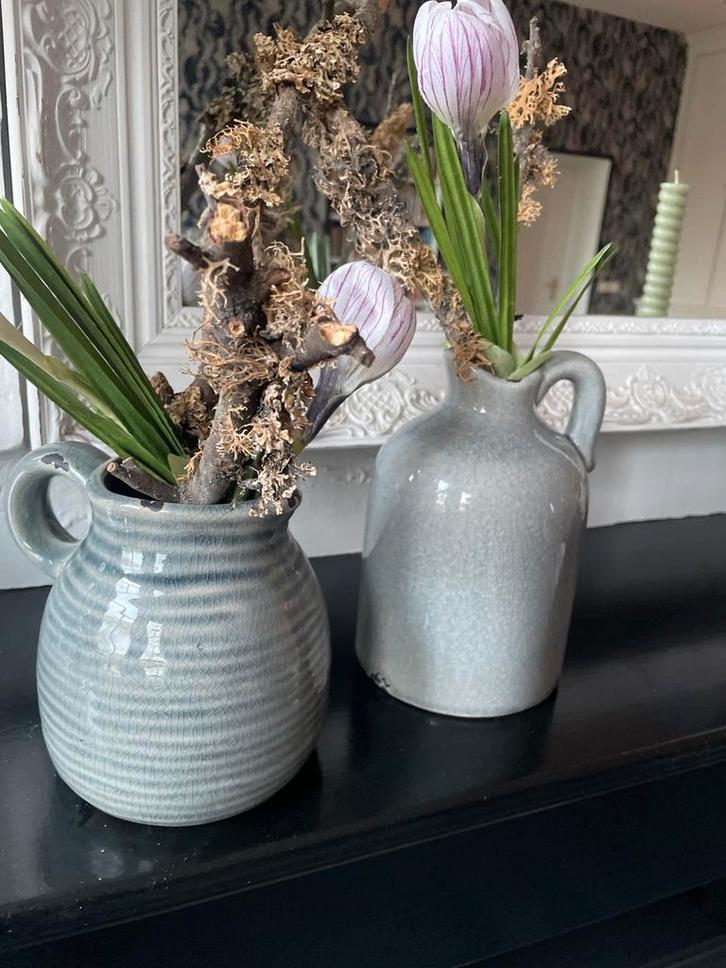 Leuk setje grijs blauwe kruikjes, Huis en Inrichting, Woonaccessoires | Vazen, Zo goed als nieuw, Blauw, Minder dan 50 cm, Aardewerk of Porselein
