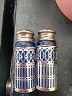 Antiek Peper & Zout Stel - Blauw Glas & Zilver, Ophalen of Verzenden