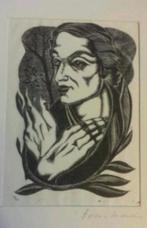 gravure vrouw met gevouwen handen bloem Fons Montens., Antiek en Kunst, Kunst | Etsen en Gravures, Ophalen