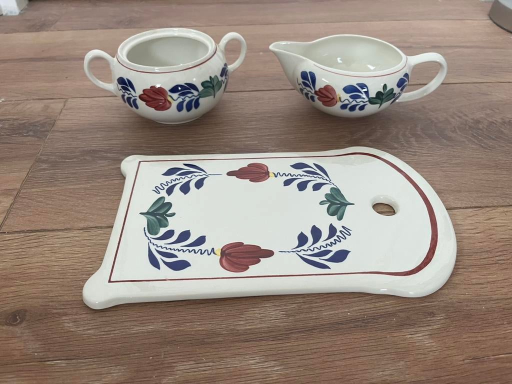 Boerenbont melkkan, suikerpot (zonder deksel) en serveerbord, Antiek en Kunst, Ophalen of Verzenden