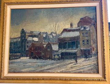 Oud Schilderij Stadsgezicht in Sneeuw beschikbaar voor biedingen
