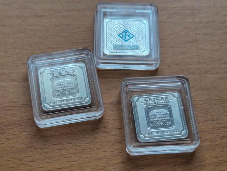 3 x 5 gram zilver. Oplopend serienummer. Geiger Edelmetalle., Postzegels en Munten, Edelmetalen en Baren, Zilver, Ophalen of Verzenden