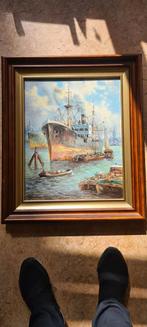 Olieverfschilderij van schepen in de haven, Ophalen of Verzenden