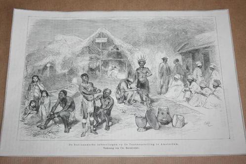 Antieke gravure - Inboorlingen van Suriname - 1883 !!, Antiek en Kunst, Kunst | Etsen en Gravures, Ophalen of Verzenden