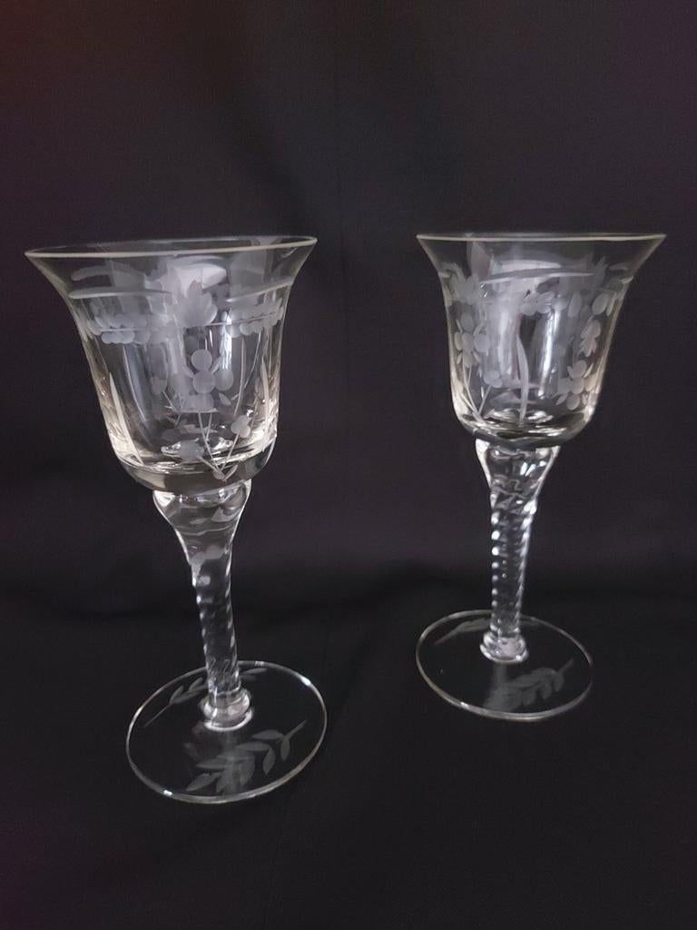 Vintage Kristallen Portglazen Bloemen Gravure, Antiek en Kunst, Antiek | Glas en Kristal, Ophalen of Verzenden