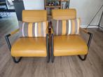 Fauteuil met leren bekleding en bijpassende poef, Ophalen, Gebruikt, Minder dan 75 cm, Leer