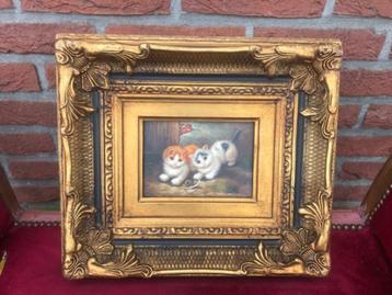 lieflijk schilderij, twee nieuwsgierige poezen beschikbaar voor biedingen