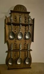 Houten rekje met 6 tinnen lepels, Ophalen of Verzenden