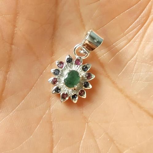 925 zilveren hanger met Smaragd, Robijn, Saffier edelstenen, Sieraden, Tassen en Uiterlijk, Kettinghangers, Nieuw, Zilver, Zilver