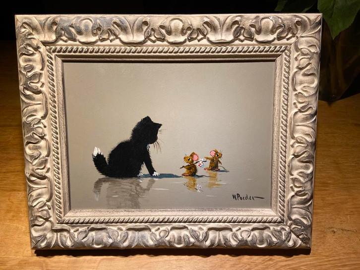 Kitten die muisjes ontmoet op reis, Antiek en Kunst, Kunst | Schilderijen | Klassiek, Ophalen of Verzenden
