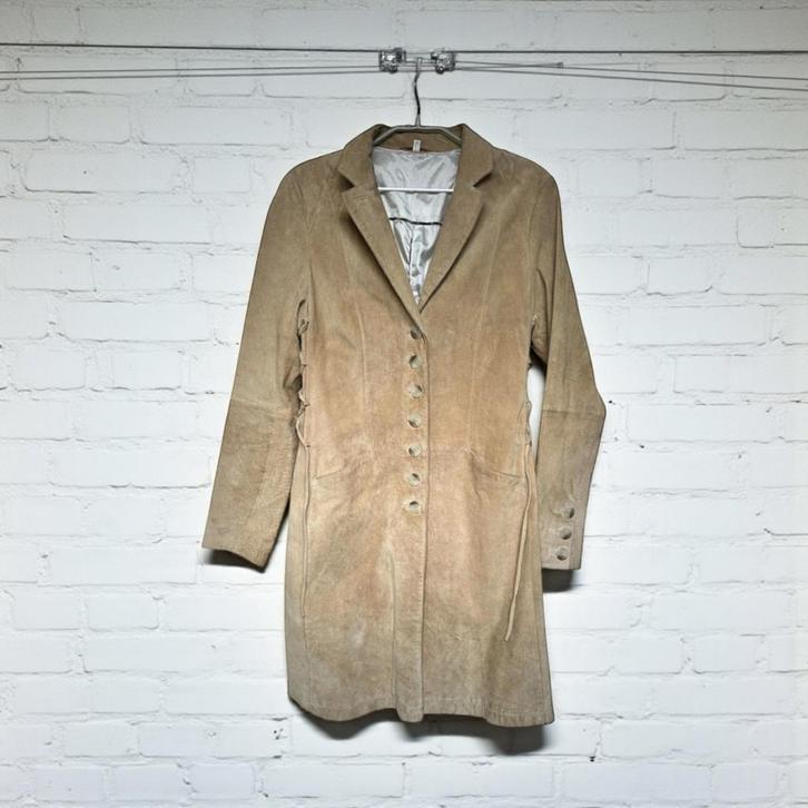 Vintage Jas Maat 38 Beige Suède Leer Trenchcoat, Kleding | Dames, Jassen | Zomer, Gedragen, Maat 38/40 (M), Beige, Verzenden